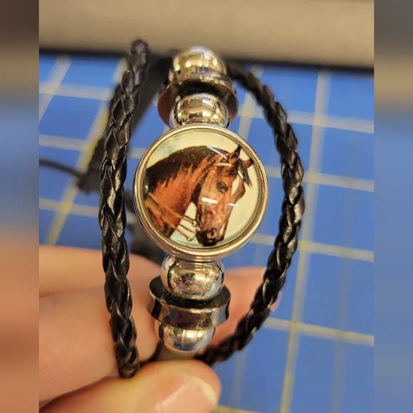Black Braided Pleather Horse Adjustable Bracelet - Picture 6 of 6